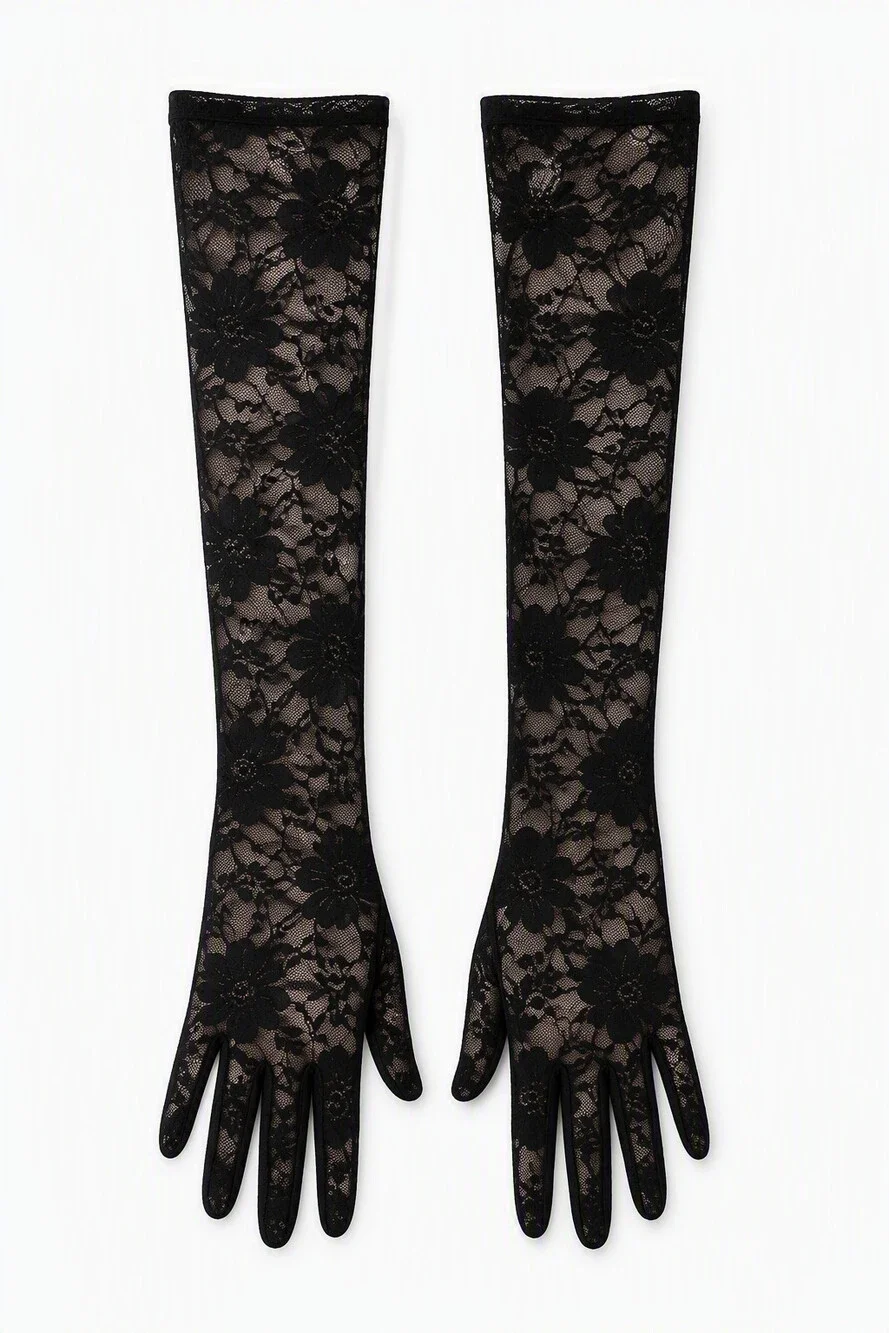 Elegant Black Lace Gloves, Floral Design, Party Races Wedding